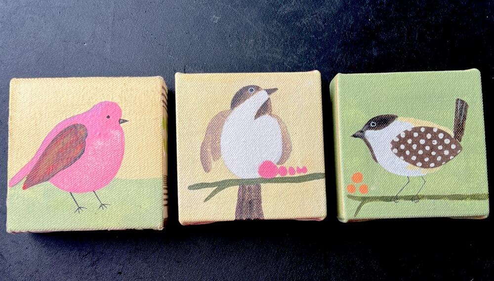 Folk Art Painted Set Of Three Bird Canvas Wall Art 4” x 4"